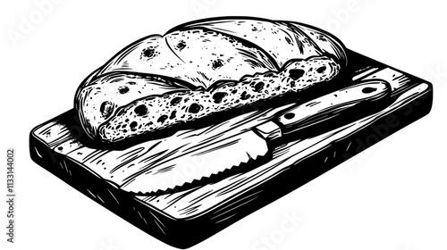 Sliced focaccia bread on flat surface with knife nearby, Vectorized Food Art