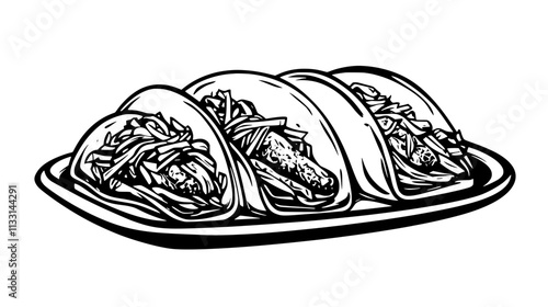 Trio of fish tacos with grilled fish and slaw on a rectangular plate, Vectorized Food Art