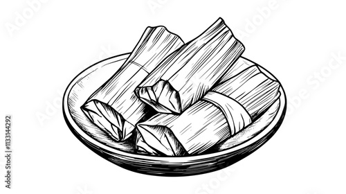 Top-down view of tamales with corn husks wrapped around the filling, neatly arranged on a dish, Vectorized Food Art