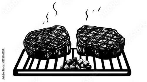 Two filet mignon steaks side by side on a grill with coals underneath, Vectorized Food Art