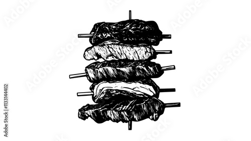 Vertical stack of grilled meat, slowly rotating on a rotisserie, Vectorized Food Art