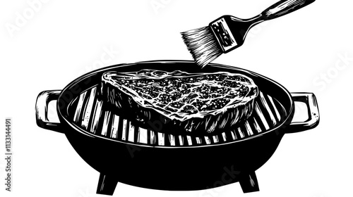 Ribeye steak being basted on a barbecue grill with a brush, Vectorized Food Art