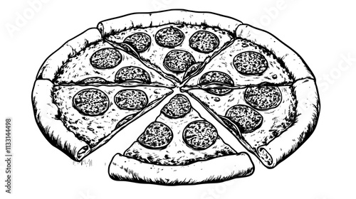 Whole pepperoni pizza sliced into eight portions on a flat surface, Vectorized Food Art