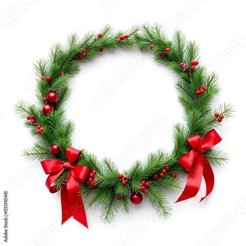 Wallpaper Mural A traditional holiday wreath made of green pine branches and red ribbons, isolated on a white background. Torontodigital.ca