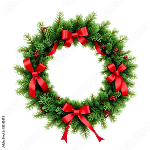 Wallpaper Mural A traditional holiday wreath made of green pine branches and red ribbons, isolated on a white background. Torontodigital.ca