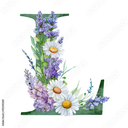 Watercolor Floral Letter L Daisies Lavender Spring Alphabet Botanical Illustration