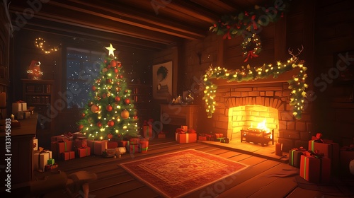 Wallpaper Mural Festive cozy Christmas room featuring a glowing tree softly lit fireplace and holiday gifts in dark surroundings Torontodigital.ca