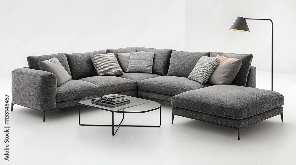 Fototapeta premium Living room Modern Furniture A living room with a sleek gray sofa, a minimalist glass coffee table, and a stylish floor lamp, creating a contemporary and sophisticated look.