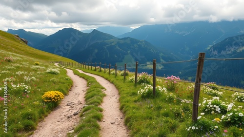 Hiking Trail Gryden Mountain Switzerland Alpine Meadow Flowers Cloudy Summer Day photo