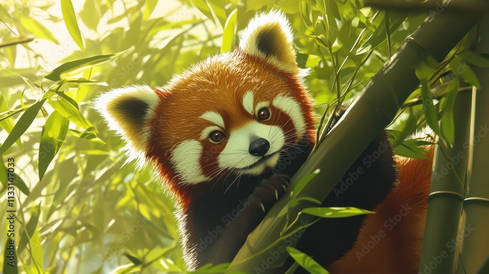 Fototapeta premium Cute Red Panda Surrounded by Lush Bamboo in a Sunlit Forest Scene