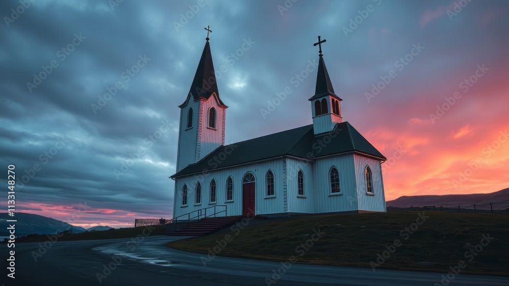 Naklejka premium Langenes Church, Vesteralen, Norway - Stunning Architectural Photography, Vivid Colors, Dramatic Lighting