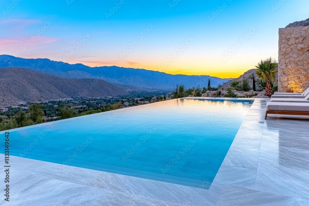 Fototapeta premium A luxury estate with a tennis court, manicured gardens, and a poolside cabana, set under a golden sunset