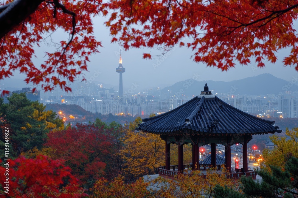 Obraz premium Iconic Seoul Skyline Featuring Gyeongbokgung Palace and Namsan Tower in South Korea