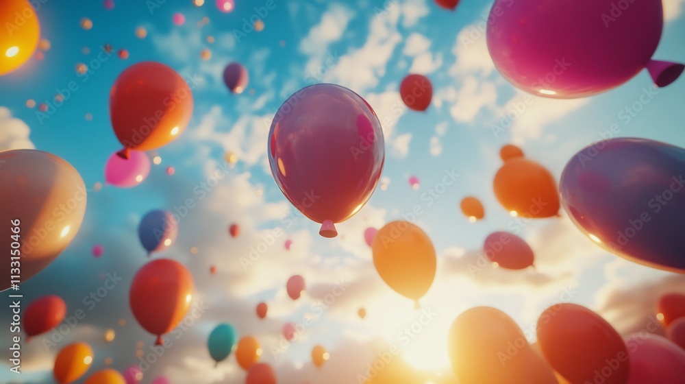 Fototapeta premium Colorful Balloons Soaring in a Sunset Sky: A Celebration of Joy and Freedom