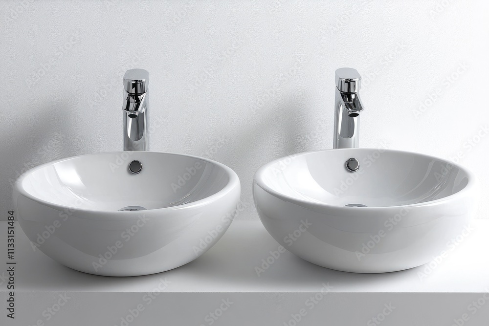 Fototapeta premium Sleek Minimalist Bathroom Featuring Modern Chrome Faucets and Elegant Ceramic Sinks