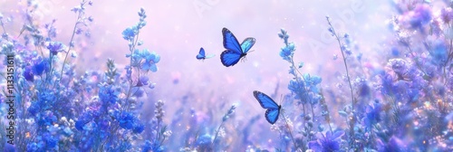 Enchanting Light Blue Blooms with Dancing Butterflies in a Serene Outdoor Landscape