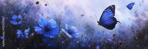 Enchanting Wild Light Blue Blossoms Surrounded by Fluttering Butterflies in a Magical Nature Setting