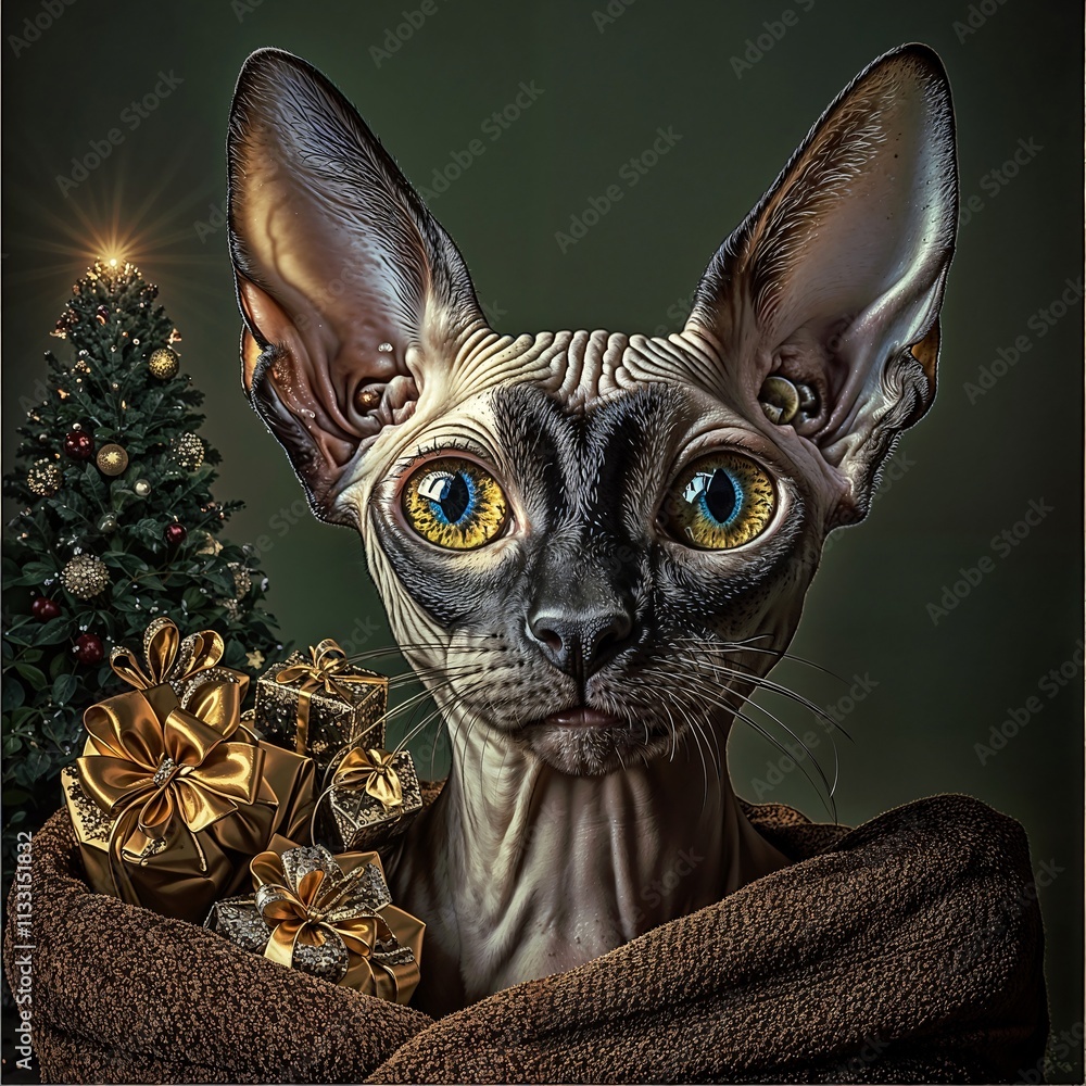 Photo: A realistic portrait of the cat in the world as Santa Claus, wearing a Santa hat and a red Santa coat, full body ,to his left is a big sack with lots of presents, in the background a Christmas