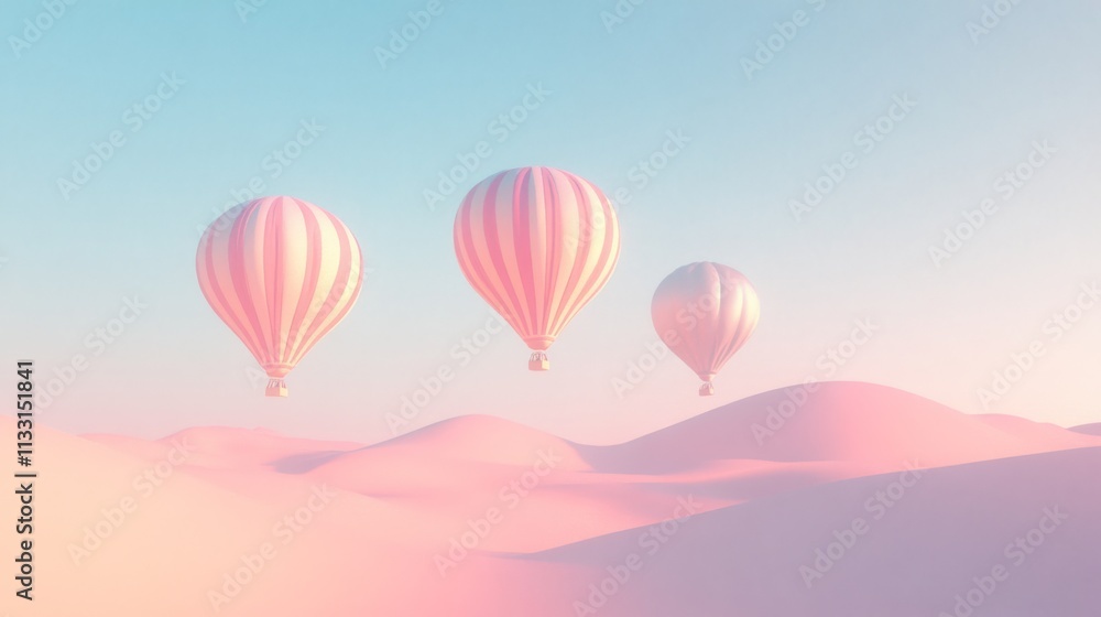 Obraz premium Three pastel balloons drift peacefully over serene pink dunes under a soft, pastel sky, evoking a dreamlike and tranquil escape.