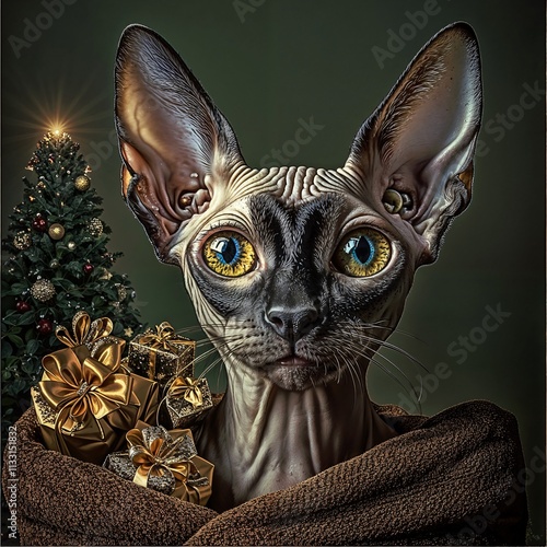 Obraz na płótnie
Photo: A realistic portrait of the cat in the world as Santa Claus, wearing a Santa hat and a red Santa coat, full body ,to his left is a big sack with lots of presents, in the background a Christmas w salonie