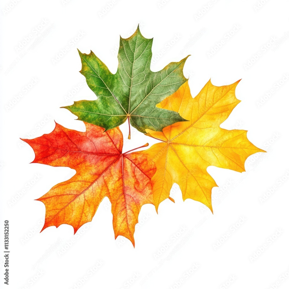 Obraz premium Vivid Autumn Maple Leaves in Shades of Yellow, Orange, and Red Floating on a Crisp White Background