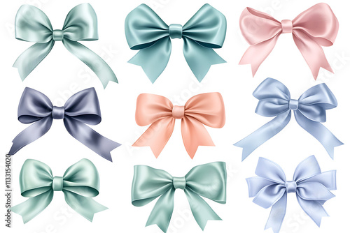 Collection of Decorative Ribbon Bows in Pastel Colors for Elegant Gift Wrapping. photo