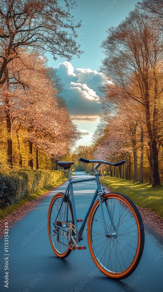 Fototapeta premium A bicycle stands on a picturesque road lined with autumn trees and a serene sky.