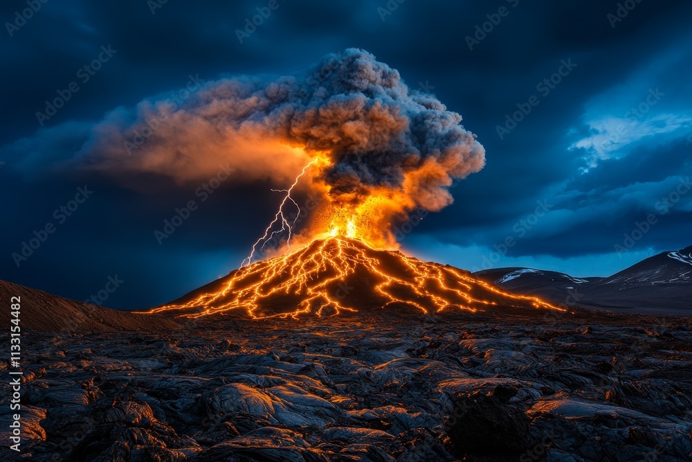 Fototapeta premium A time-lapse-inspired image of a volcanic eruption, capturing streaks of lightning within the ash cloud at night
