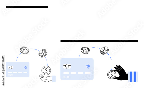 Credit card making transactions with hand receiving money and black hand stealing coin, representing security and fraud. Ideal for cybersecurity, financial education, payment safety, online shopping