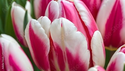 Close up of tulip petals with vibrant pink and white hues photo