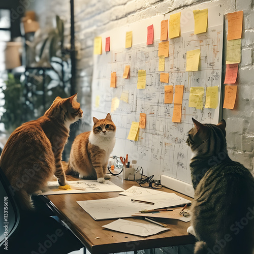 Three cats collaborating on a creative brainstorming session with sticky notes and papers on a desk, symbolizing teamwork, creativity, and playful productivity in a cozy office photo