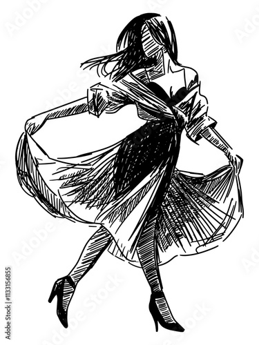 dancing woman isolated with flowing hair full-skirted dress and high-heeled shoes dynamic movement pose black white hand drawn sketch illustration transparent background