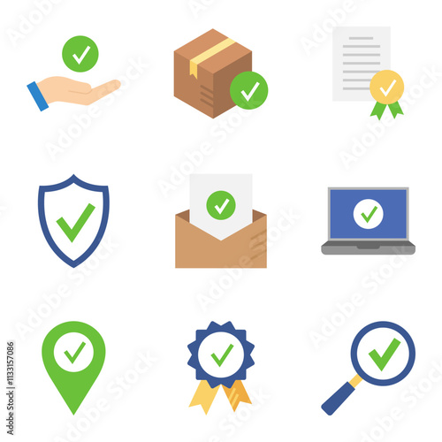 Quality control icons. Approved, check mark symbols, check mark, certification, approval concepts.