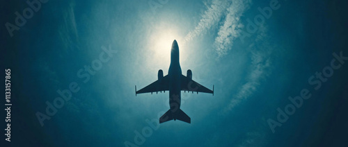 Airplane silhouetted against the sun and clouds.