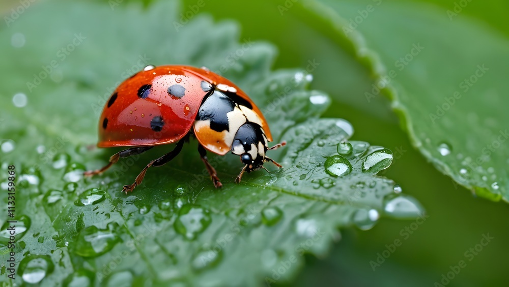 Close up of a ladybug crawling on a leaf after rain Close up of a ladybug crawling on a leaf after rain