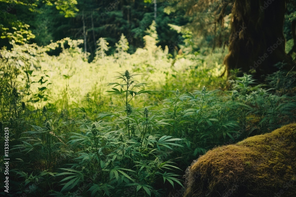 Obraz premium Bountiful Outdoor Cannabis Blooms Amidst Lush Greenery in a Sunlit Summer Field