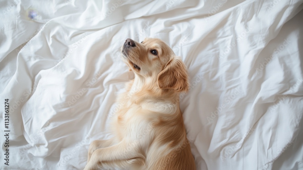 Obraz premium Playful golden retriever dog relaxing on soft white bedding indoor home environment close-up perspective for pet lovers
