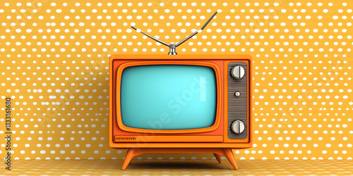 Retro Orange Television Set Against a Yellow Polka Dot Background photo