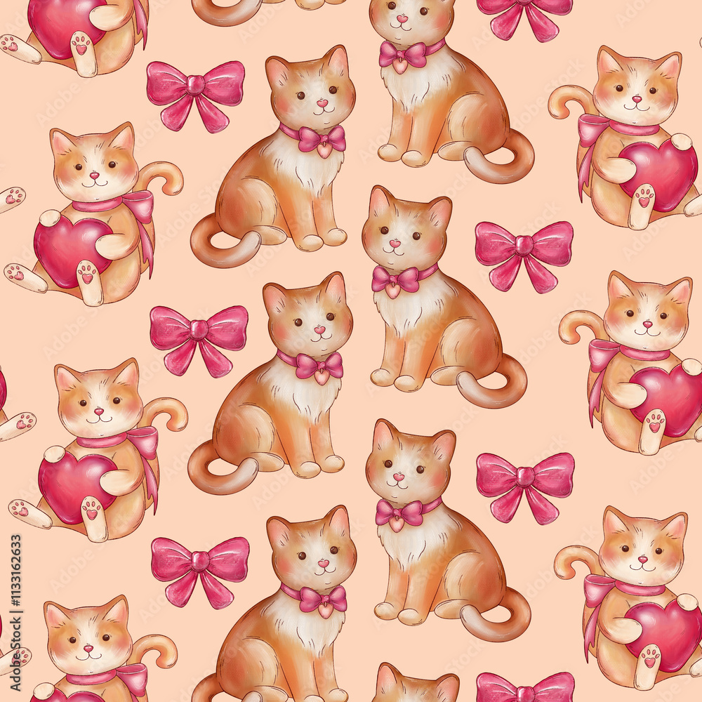 Obraz premium cat with pink hearts and bow seamless pattern. Backgroun for Valentine's Day themes, kitchen decor, gift wraps, and textiles