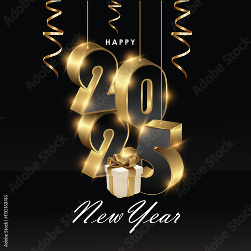 3D 2025 New Year party background with bauble