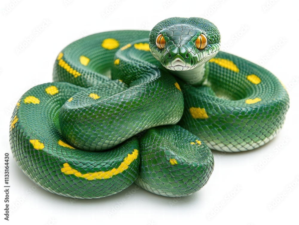 Fototapeta premium Elegant green tree python stretching rainforest wildlife photography natural habitat close-up vivid emerald scales