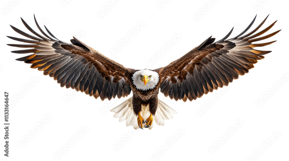 Fototapeta premium Eagle soaring high, wings spread wide on clear background.