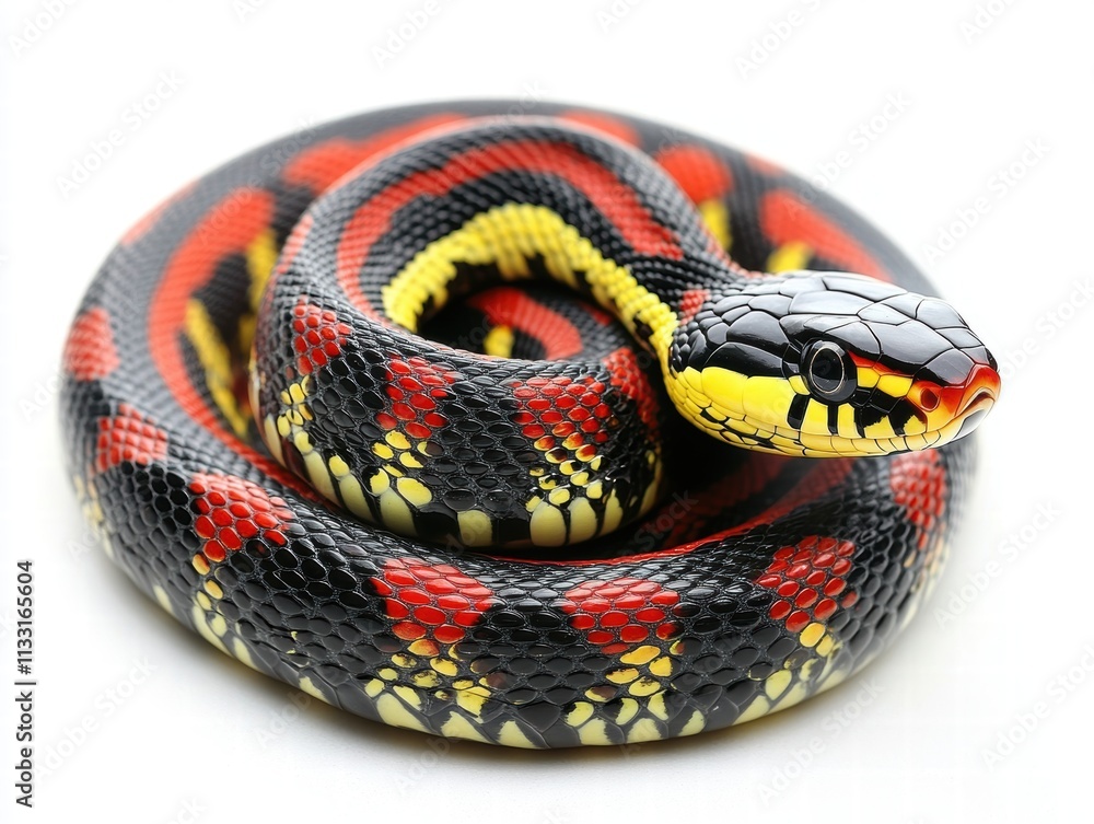 Obraz premium Scarlet king snake displaying bold red black and yellow bands in a natural habitat close-up wildlife photography