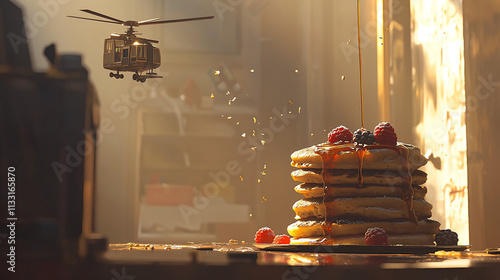 Stack of fluffy pancakes, maple syrup drizzle, fresh berries, warm morning sunlight,  photo