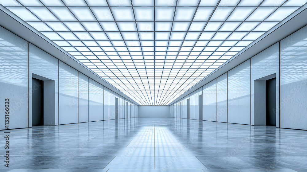 Obraz premium Modern Architectural Hallway, Sleek, Luminous Interior Design with a Gridded Ceiling and Polished Floor, Creating a Spacious and Serene Atmosphere.