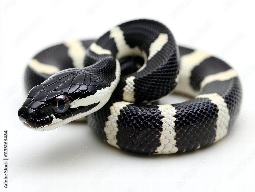 Obraz premium King snake slithering gracefully captured in studio wildlife photography controlled environment close-up shiny black body with white bands
