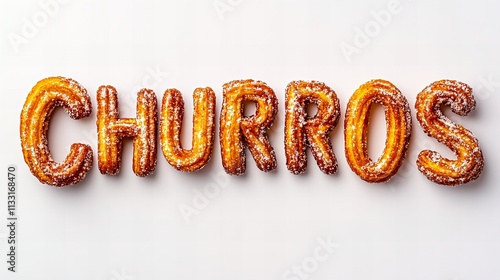 Delicious churros arranged to spell 'CHURROS', dusted with sugar against a clean, white background.