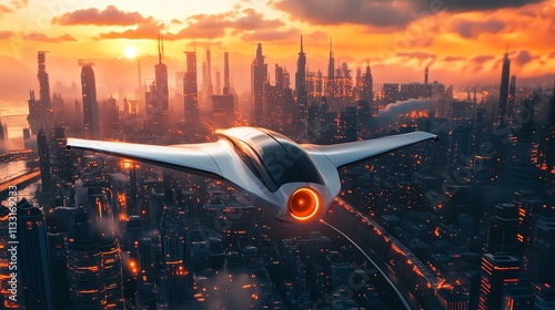 Futuristic aircraft flying over a vibrant city skyline at sunset. photo