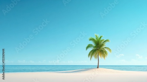 Serene Tropical Beach Scene with Isolated Palm Tree Under Bright Blue Sky and Calm Ocean Waves