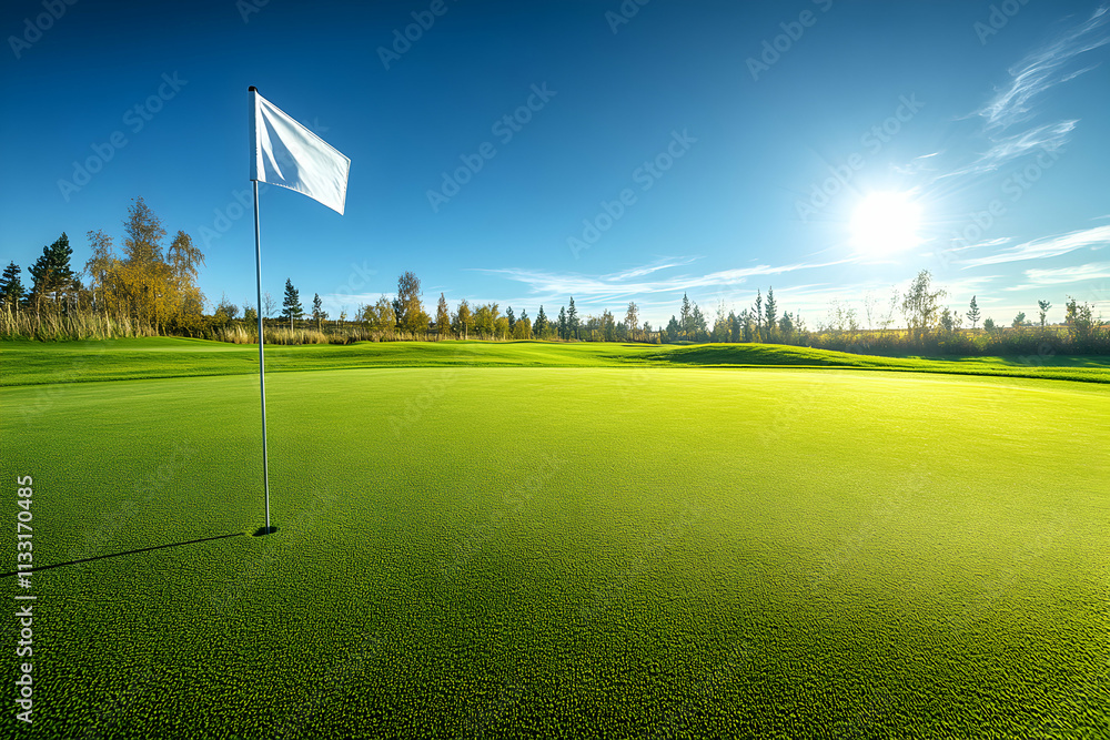 Fototapeta premium Green Golf Course Putting Green under Sunny Sky, A Vibrant Image of a Lush Fairway with White Flag